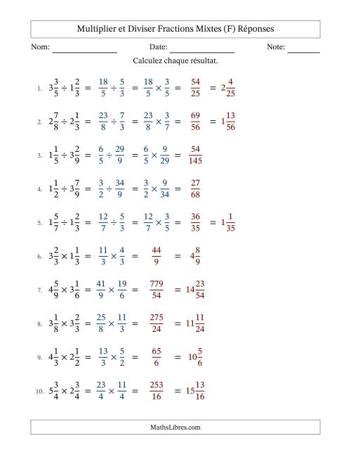 Multiplier et diviser deux fractions mixtes, et sans simplification (Remplissable) (F) page 2