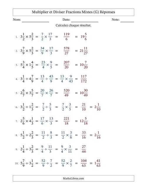 Multiplier et diviser deux fractions mixtes, et sans simplification (Remplissable) (G) page 2
