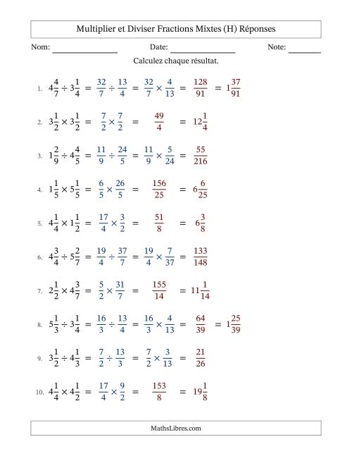 Multiplier et diviser deux fractions mixtes, et sans simplification (Remplissable) (H) page 2