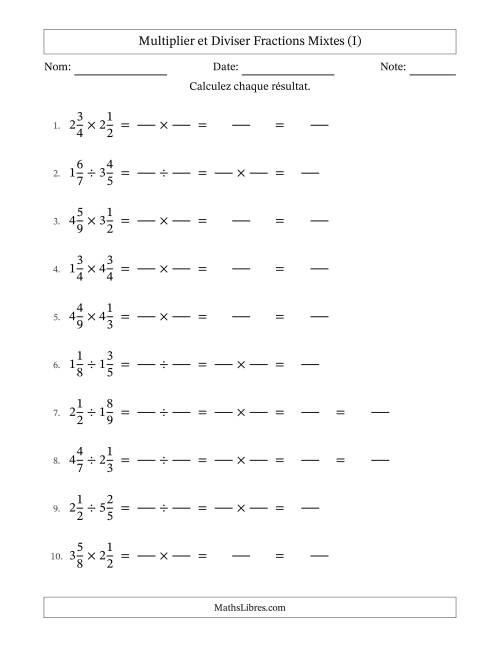 Multiplier et diviser deux fractions mixtes, et sans simplification (Remplissable) (I)