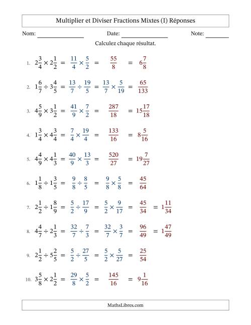 Multiplier et diviser deux fractions mixtes, et sans simplification (Remplissable) (I) page 2