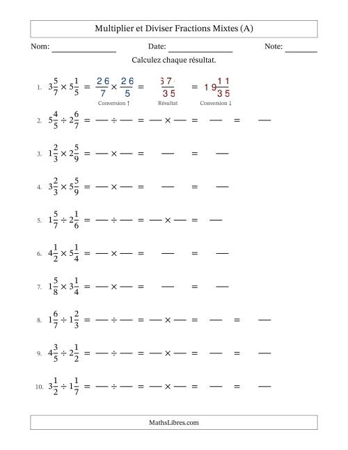 Multiplier et diviser deux fractions mixtes, et sans simplification (Remplissable) (Tout)