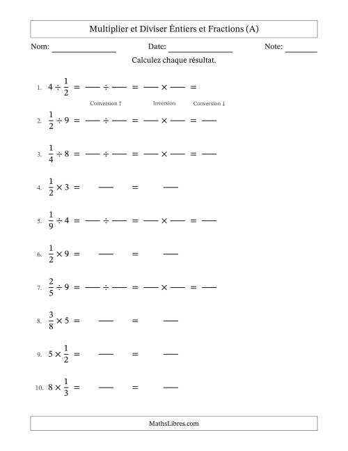 Multiplier et diviser fractions propres con nombres éntiers, et sans simplification (Remplissable) (A)