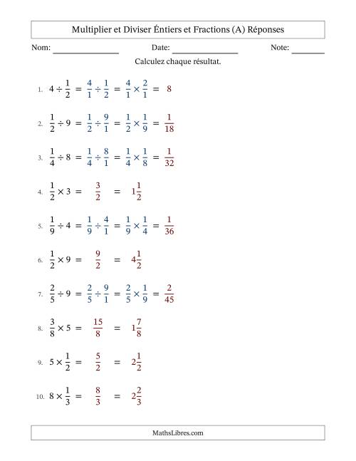 Multiplier et diviser fractions propres con nombres éntiers, et sans simplification (Remplissable) (A) page 2
