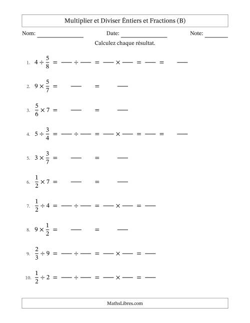 Multiplier et diviser fractions propres con nombres éntiers, et sans simplification (Remplissable) (B)