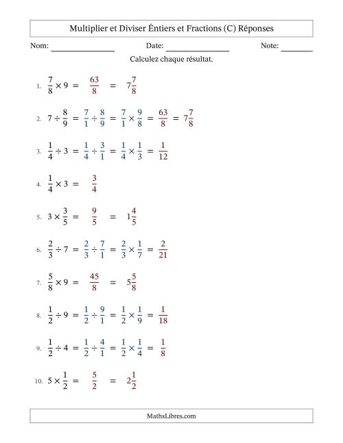 Multiplier et diviser fractions propres con nombres éntiers, et sans simplification (Remplissable) (C) page 2