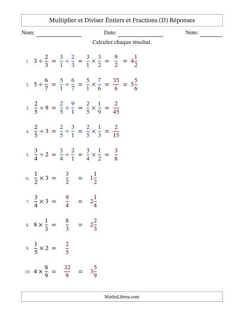 Multiplier et diviser fractions propres con nombres éntiers, et sans simplification (Remplissable) (D) page 2