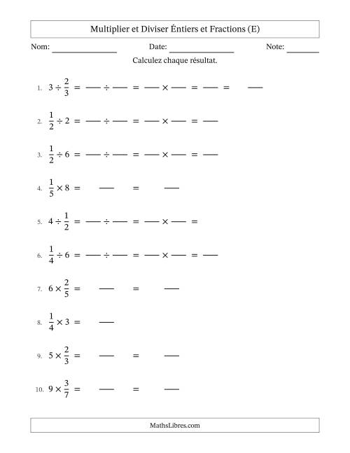 Multiplier et diviser fractions propres con nombres éntiers, et sans simplification (Remplissable) (E)