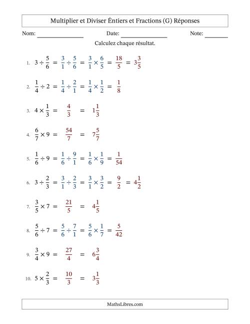 Multiplier et diviser fractions propres con nombres éntiers, et sans simplification (Remplissable) (G) page 2