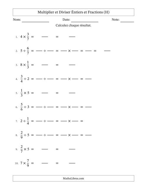 Multiplier et diviser fractions propres con nombres éntiers, et sans simplification (Remplissable) (H)