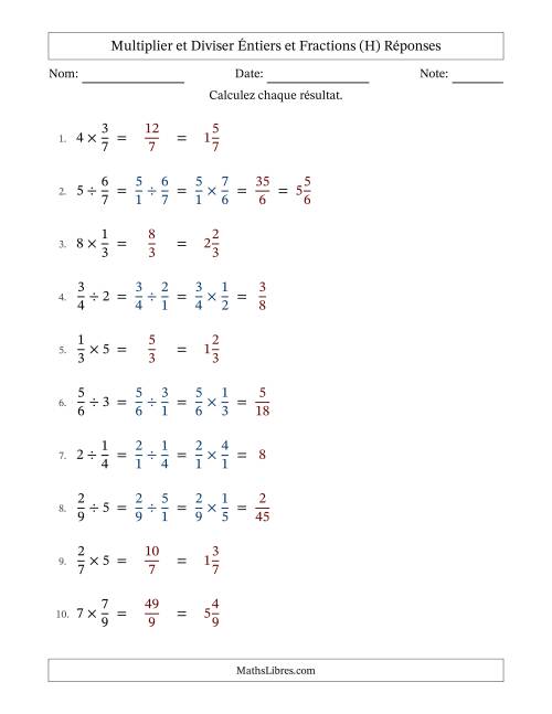 Multiplier et diviser fractions propres con nombres éntiers, et sans simplification (Remplissable) (H) page 2