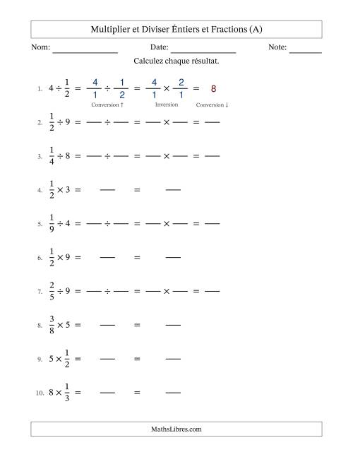 Multiplier et diviser fractions propres con nombres éntiers, et sans simplification (Remplissable) (Tout)