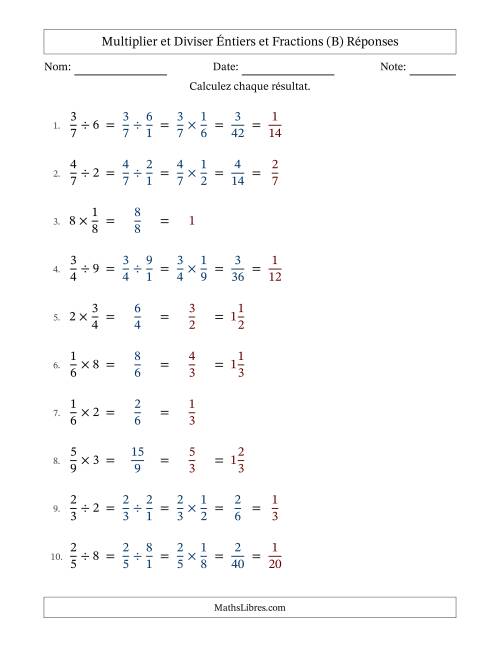 Multiplier et diviser fractions propres con nombres éntiers, et avec simplification dans tous les problèmes (Remplissable) (B) page 2