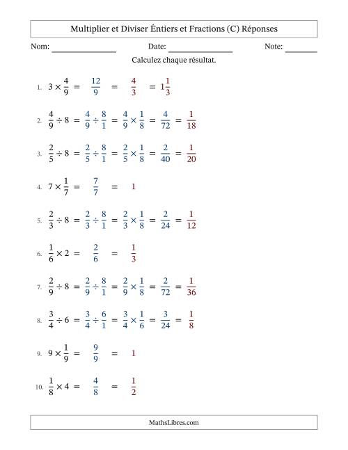 Multiplier et diviser fractions propres con nombres éntiers, et avec simplification dans tous les problèmes (Remplissable) (C) page 2