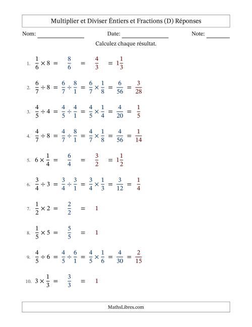 Multiplier et diviser fractions propres con nombres éntiers, et avec simplification dans tous les problèmes (Remplissable) (D) page 2