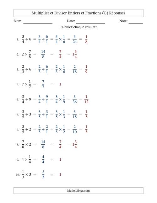 Multiplier et diviser fractions propres con nombres éntiers, et avec simplification dans tous les problèmes (Remplissable) (G) page 2