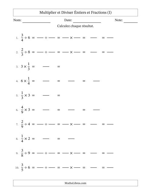 Multiplier et diviser fractions propres con nombres éntiers, et avec simplification dans tous les problèmes (Remplissable) (I)