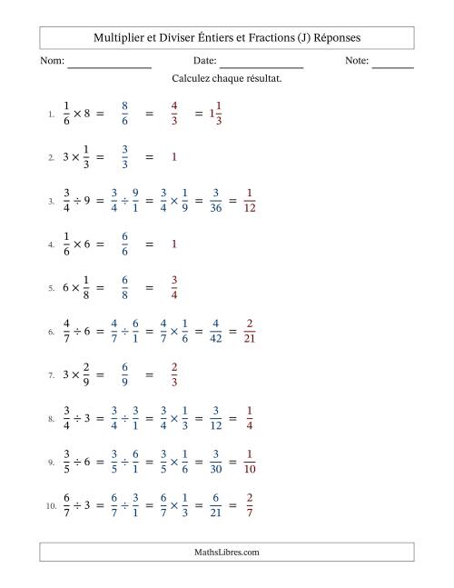 Multiplier et diviser fractions propres con nombres éntiers, et avec simplification dans tous les problèmes (Remplissable) (J) page 2