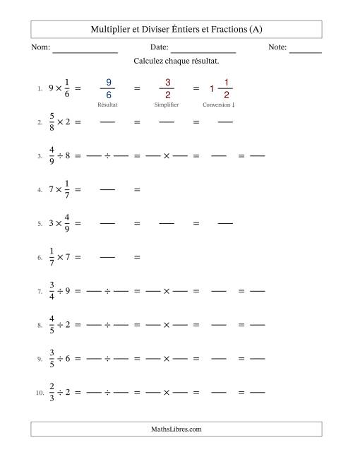 Multiplier et diviser fractions propres con nombres éntiers, et avec simplification dans tous les problèmes (Remplissable) (Tout)