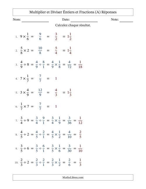 Multiplier et diviser fractions propres con nombres éntiers, et avec simplification dans tous les problèmes (Remplissable) (Tout) page 2