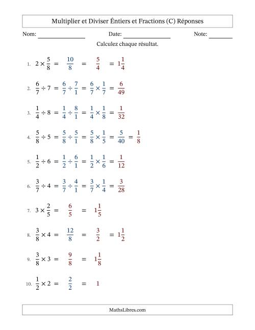 Multiplier et diviser fractions propres con nombres éntiers, et avec simplification dans quelques problèmes (Remplissable) (C) page 2