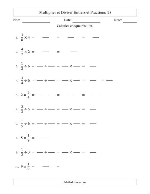 Multiplier et diviser fractions propres con nombres éntiers, et avec simplification dans quelques problèmes (Remplissable) (I)