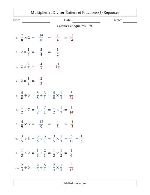Multiplier et diviser fractions propres con nombres éntiers, et avec simplification dans quelques problèmes (Remplissable) (J) page 2