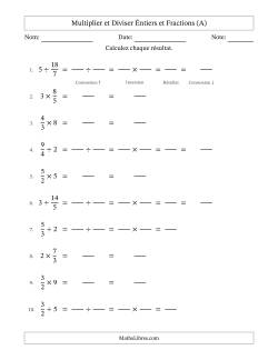 Multiplier et diviser Improper Fractions con nombres éntiers, et sans simplification (Remplissable)