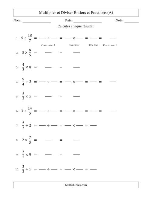 Multiplier et diviser Improper Fractions con nombres éntiers, et sans simplification (Remplissable) (A)