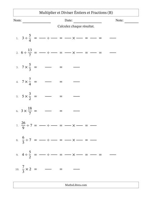 Multiplier et diviser Improper Fractions con nombres éntiers, et sans simplification (Remplissable) (B)