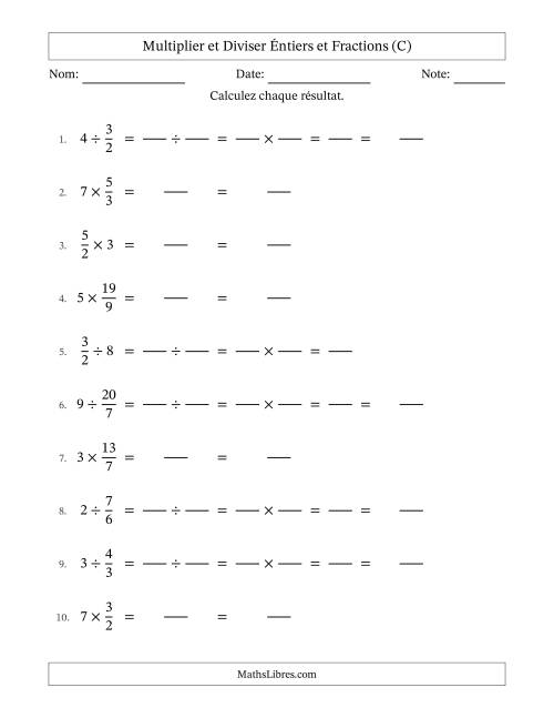 Multiplier et diviser Improper Fractions con nombres éntiers, et sans simplification (Remplissable) (C)