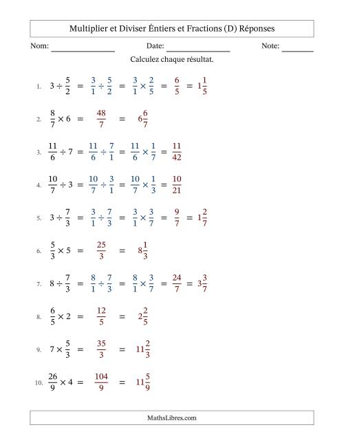 Multiplier et diviser Improper Fractions con nombres éntiers, et sans simplification (Remplissable) (D) page 2