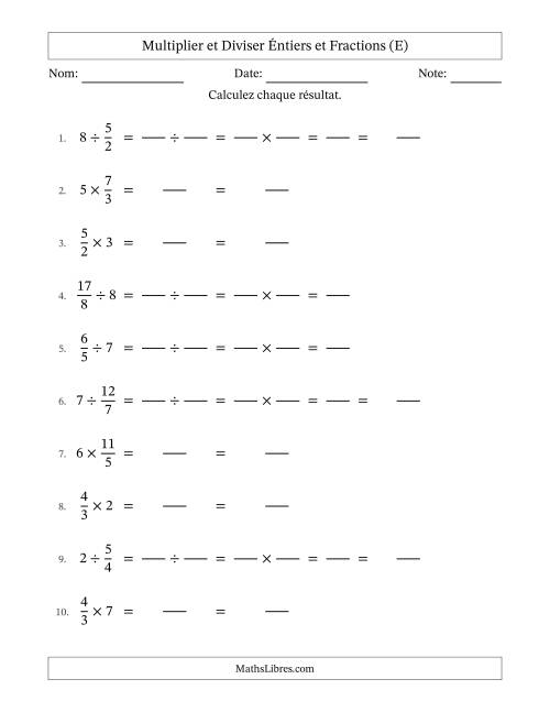 Multiplier et diviser Improper Fractions con nombres éntiers, et sans simplification (Remplissable) (E)
