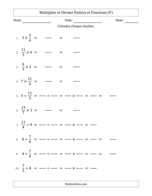 Multiplier et diviser Improper Fractions con nombres éntiers, et sans simplification (Remplissable) (F)