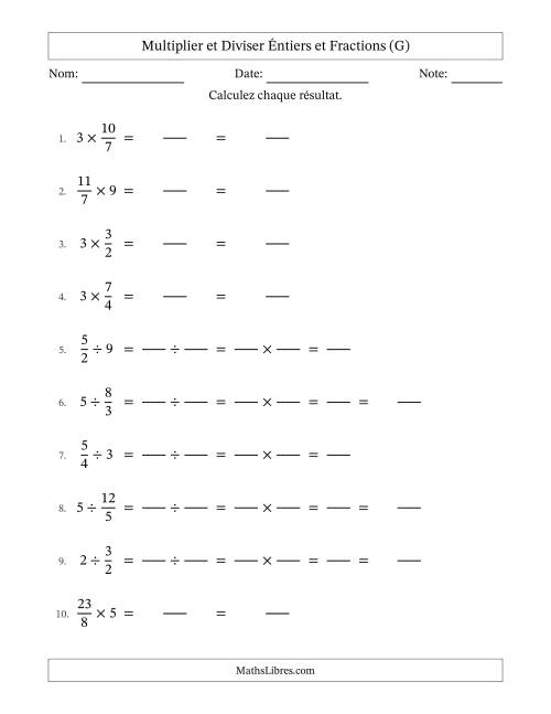Multiplier et diviser Improper Fractions con nombres éntiers, et sans simplification (Remplissable) (G)
