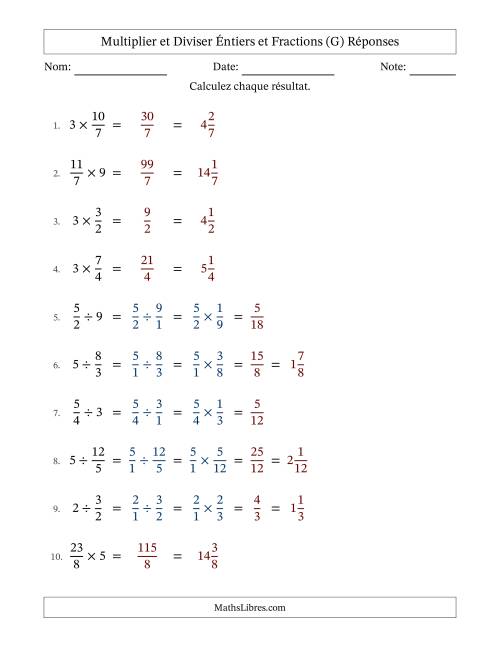 Multiplier et diviser Improper Fractions con nombres éntiers, et sans simplification (Remplissable) (G) page 2