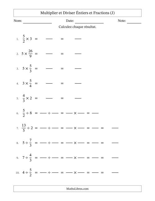 Multiplier et diviser Improper Fractions con nombres éntiers, et sans simplification (Remplissable) (J)