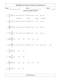 Multiplier et diviser Improper Fractions con nombres éntiers, et avec simplification dans tous les problèmes (Remplissable)