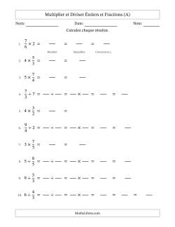 Multiplier et diviser Improper Fractions con nombres éntiers, et avec simplification dans quelques problèmes (Remplissable)