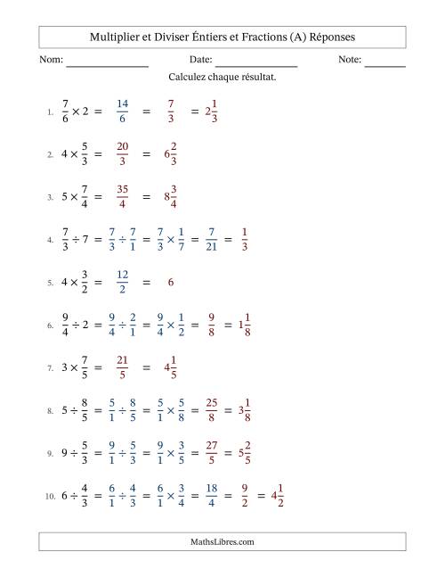 Multiplier et diviser Improper Fractions con nombres éntiers, et avec simplification dans quelques problèmes (Remplissable) (A) page 2