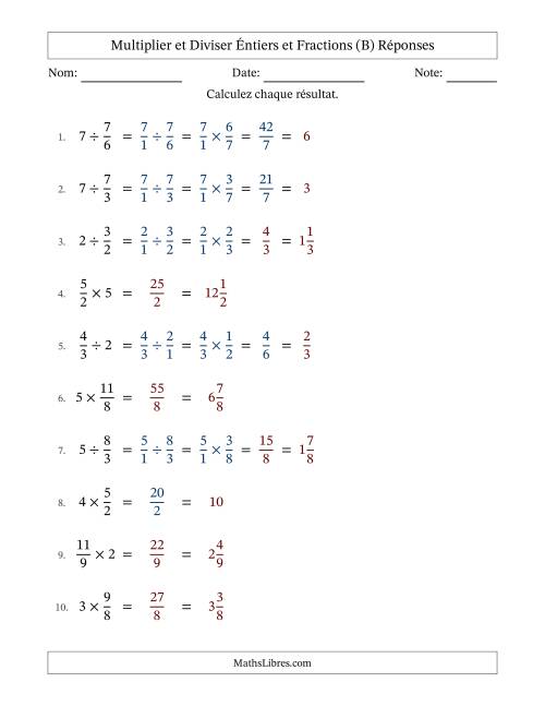 Multiplier et diviser Improper Fractions con nombres éntiers, et avec simplification dans quelques problèmes (Remplissable) (B) page 2
