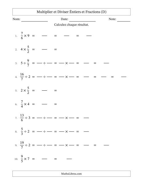 Multiplier et diviser Improper Fractions con nombres éntiers, et avec simplification dans quelques problèmes (Remplissable) (D)