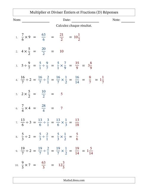 Multiplier et diviser Improper Fractions con nombres éntiers, et avec simplification dans quelques problèmes (Remplissable) (D) page 2