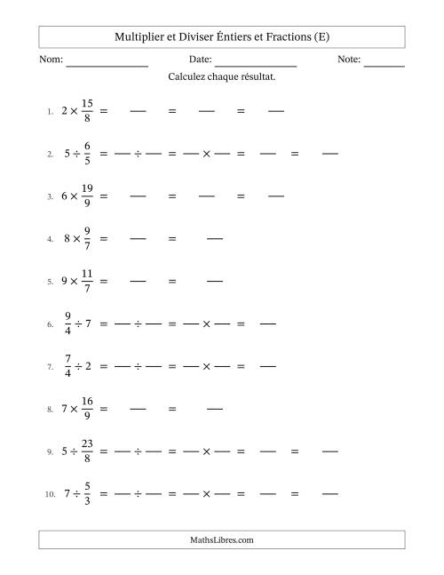 Multiplier et diviser Improper Fractions con nombres éntiers, et avec simplification dans quelques problèmes (Remplissable) (E)