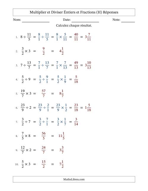 Multiplier et diviser Improper Fractions con nombres éntiers, et avec simplification dans quelques problèmes (Remplissable) (H) page 2