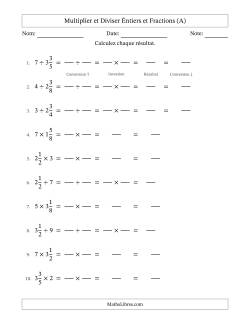 Multiplier et diviser fractions mixtes con nombres éntiers, et sans simplification (Remplissable)