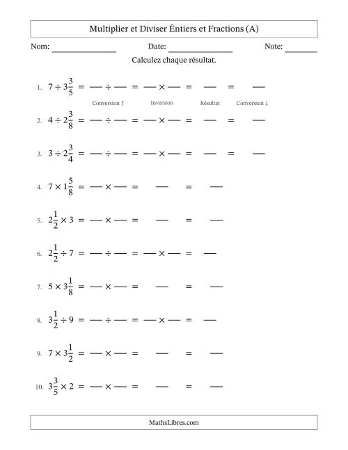 Multiplier et diviser fractions mixtes con nombres éntiers, et sans simplification (Remplissable) (A)