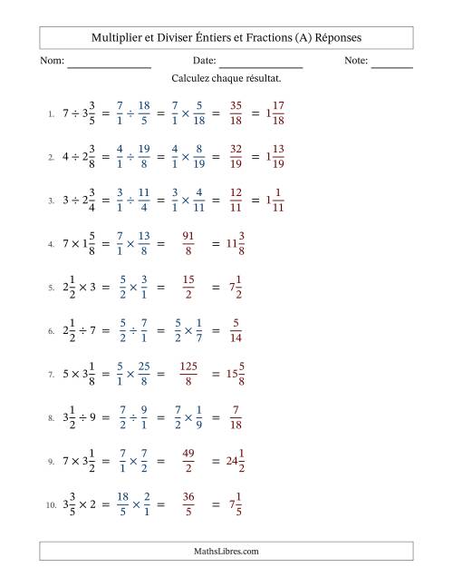 Multiplier et diviser fractions mixtes con nombres éntiers, et sans simplification (Remplissable) (A) page 2