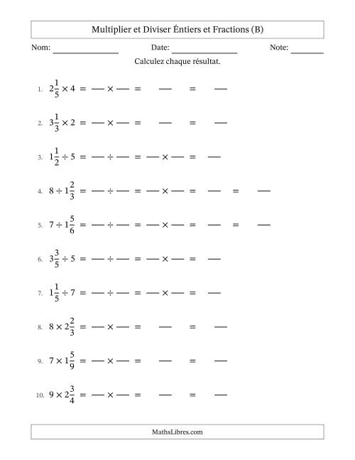 Multiplier et diviser fractions mixtes con nombres éntiers, et sans simplification (Remplissable) (B)