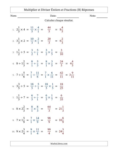 Multiplier et diviser fractions mixtes con nombres éntiers, et sans simplification (Remplissable) (B) page 2